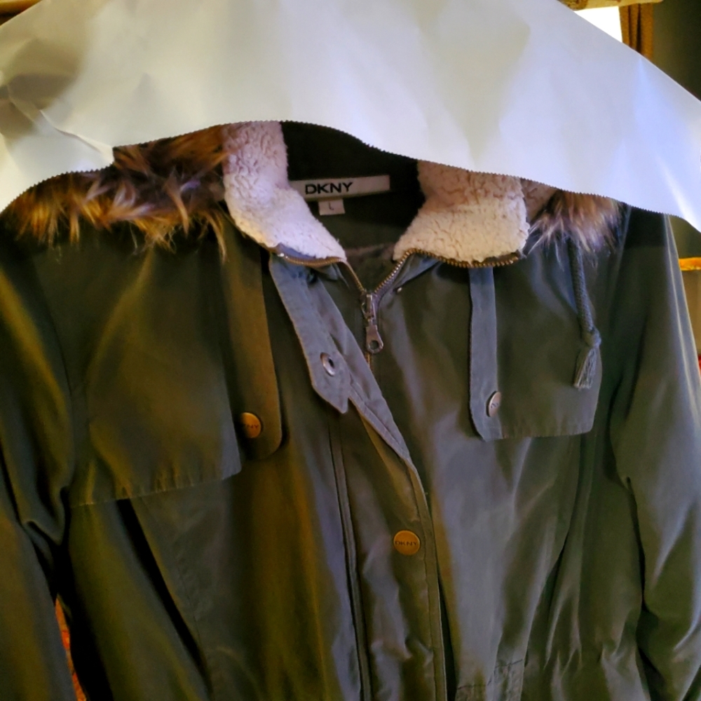 DKNY Jacket Furry hooded zip up with snaps.